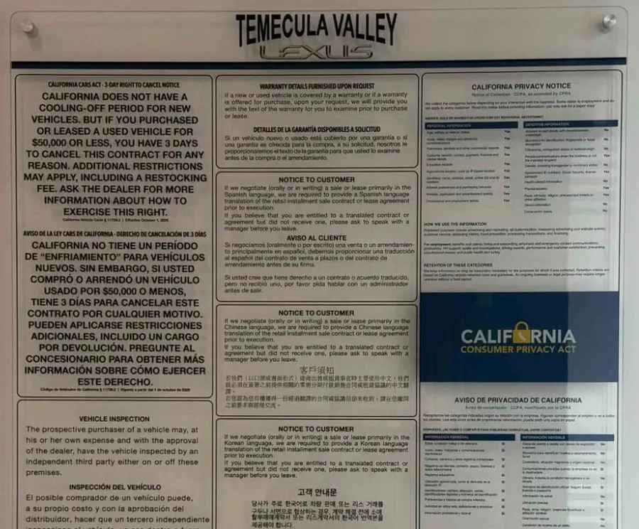 Clear acrylic F&I combo board with the CARS Act notice, multilingual contract notices and a California privacy notice
