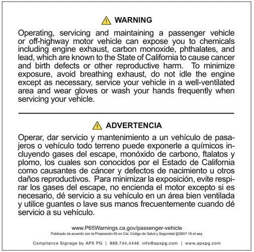 Sample bilingual Prop 65 passenger vehicle warning decal