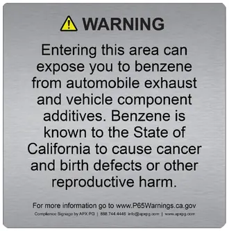 Sample Prop 65 environmental exposure warning on brushed aluminum